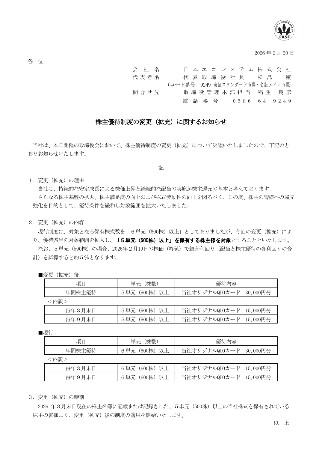 株主優待制度の変更（拡充）に関するお知らせ
