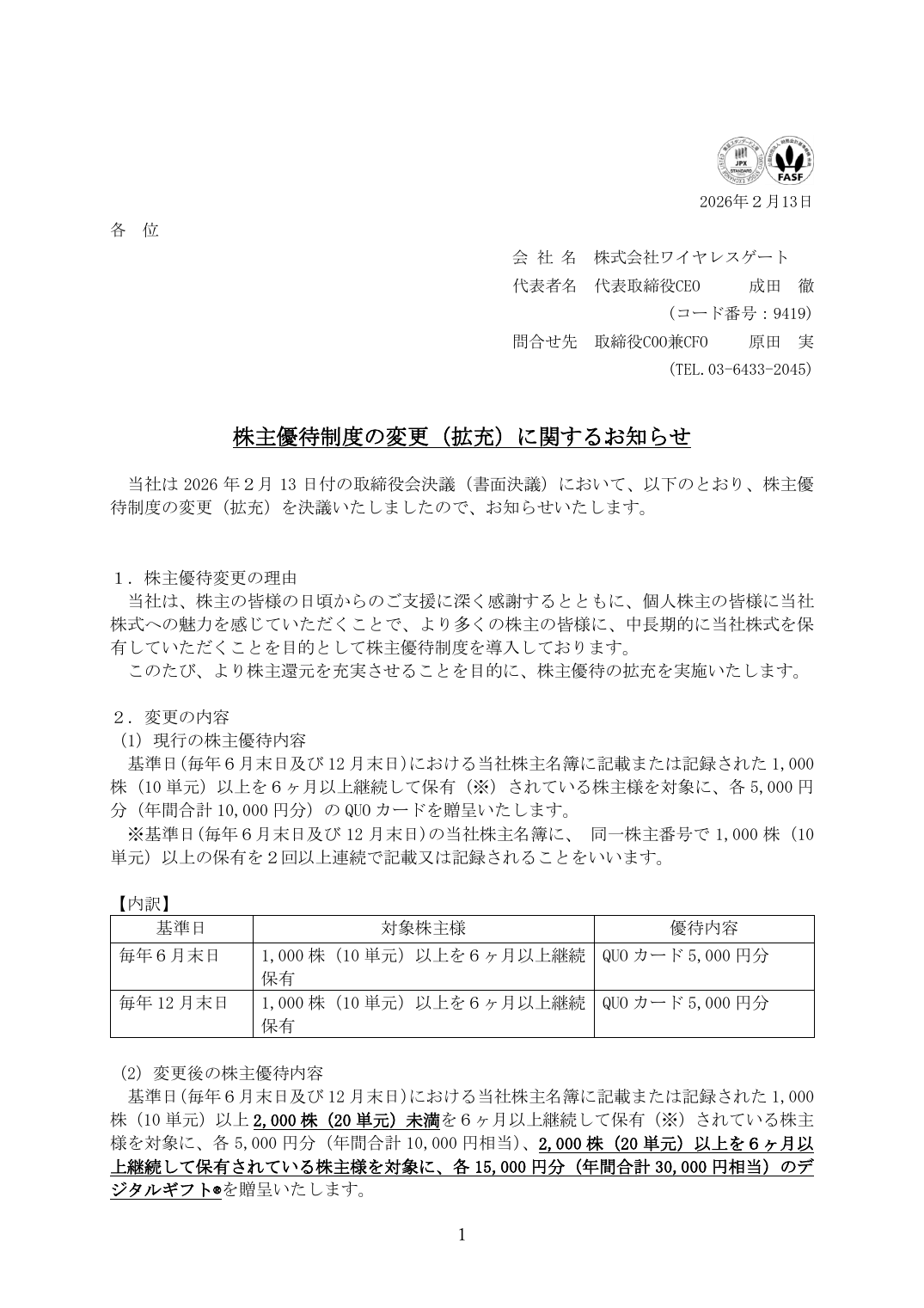 株主優待制度の変更（拡充）に関するお知らせ