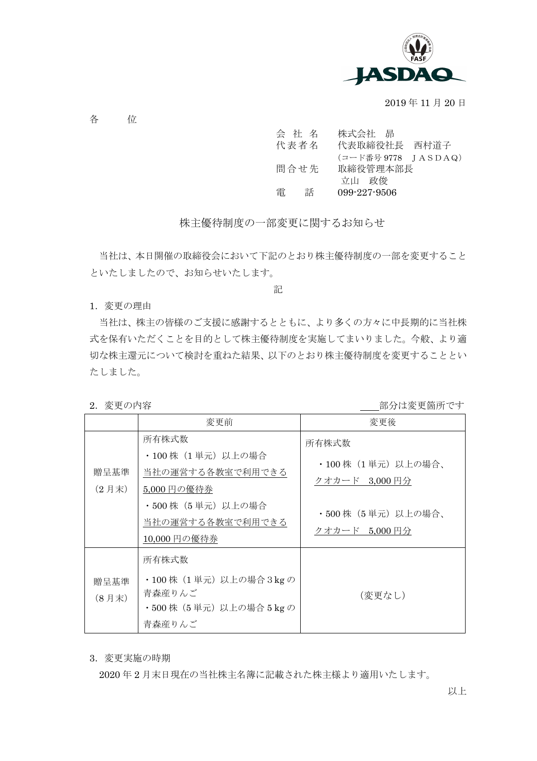 株主優待制度の一部変更に関するお知らせ