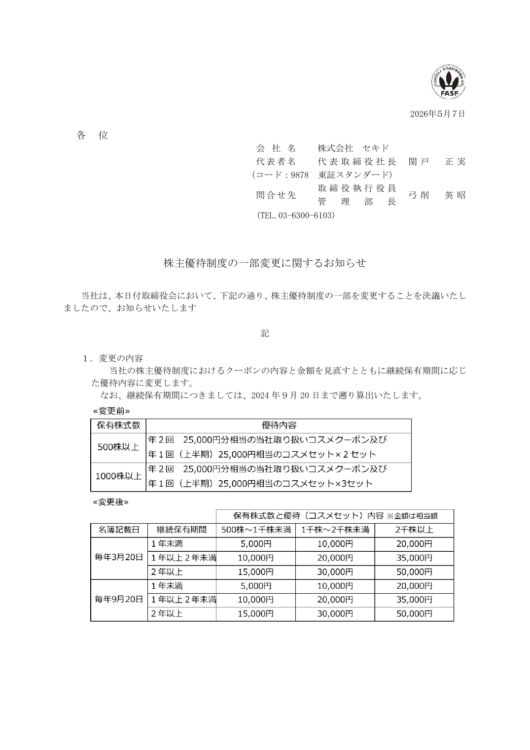 株主優待制度の一部変更に関するお知らせ